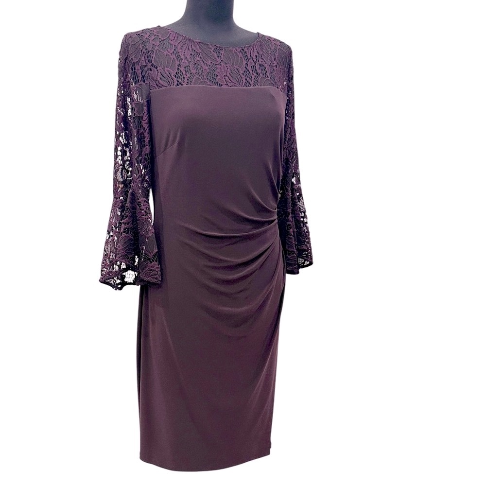 NEW Ralph Lauren Midi Dress Lace Sleeves & Neckline Gathered Detail Deep Purple